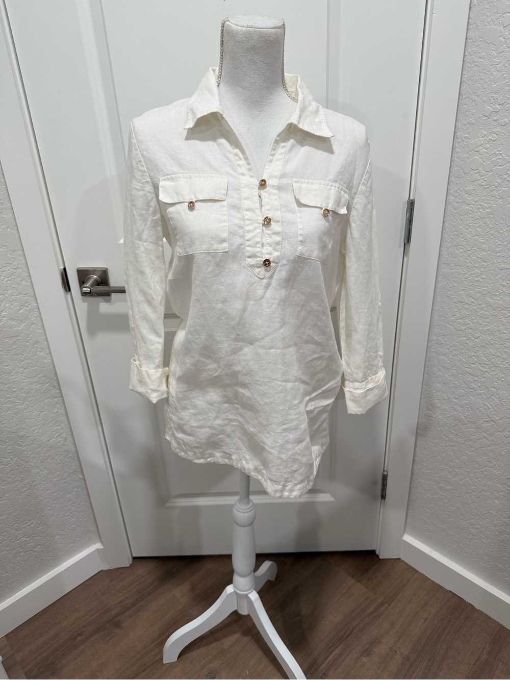 Jones New York White-Ivory Collared 100% Linen Top Size Medium Coastal Nautical